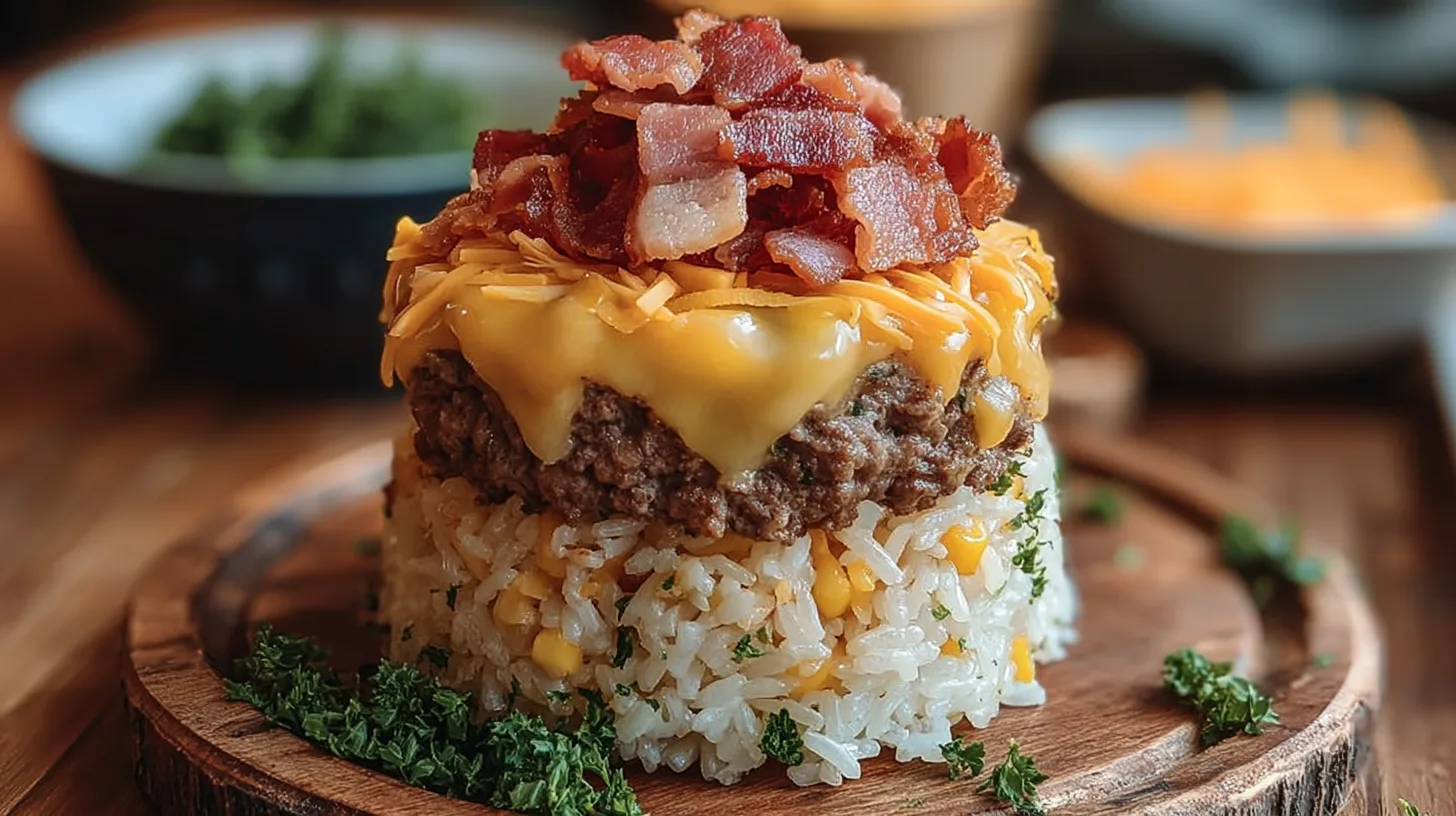delicious Bacon Cheeseburger Rice Stack