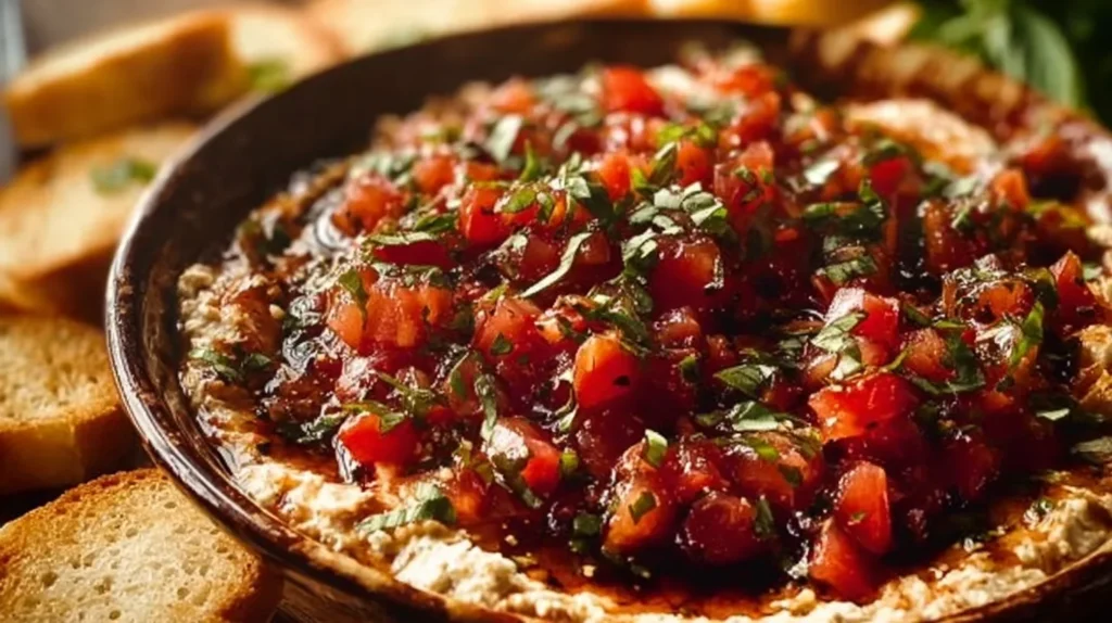 Creamy Bruschetta Dip with Fresh Tomatoes and Basil