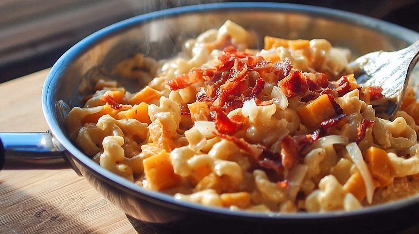 Butternut Squash Mac N’ Cheese With Bacon, Caramelized Onions, And Apples