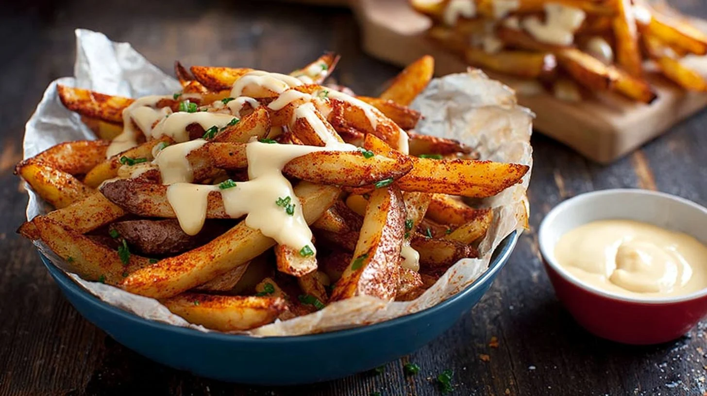 Baked Spicy Fries With Garlic Cheese Sauce