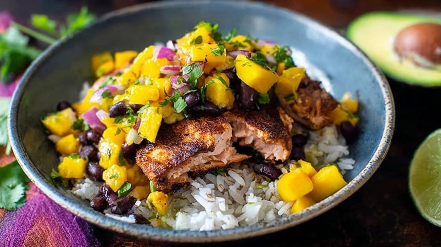 Caribbean Jerk Salmon Bowl with Mango Salsa