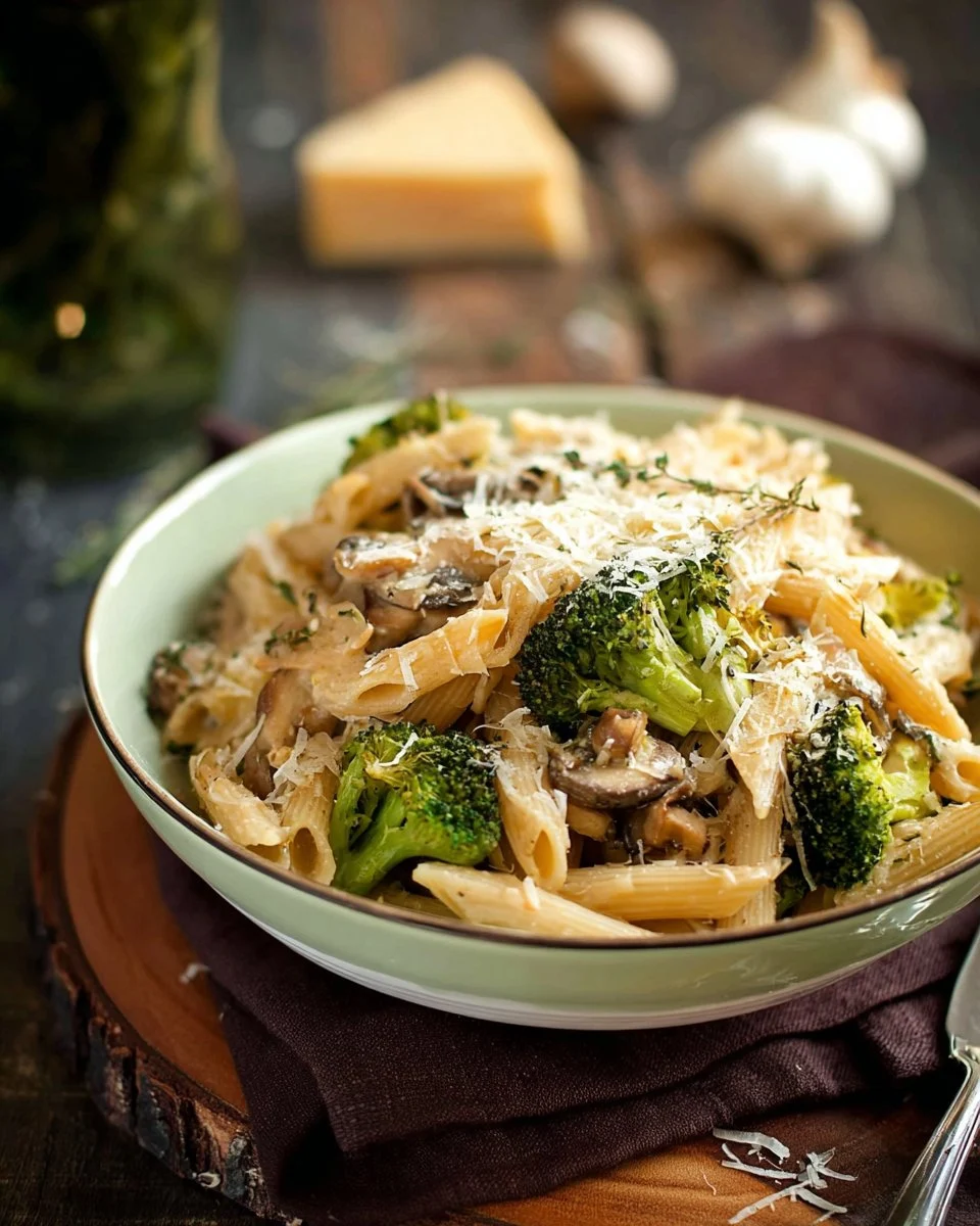 Rustic Garlic Butter Pasta With Roasted Broccoli And Sautéed Mushrooms