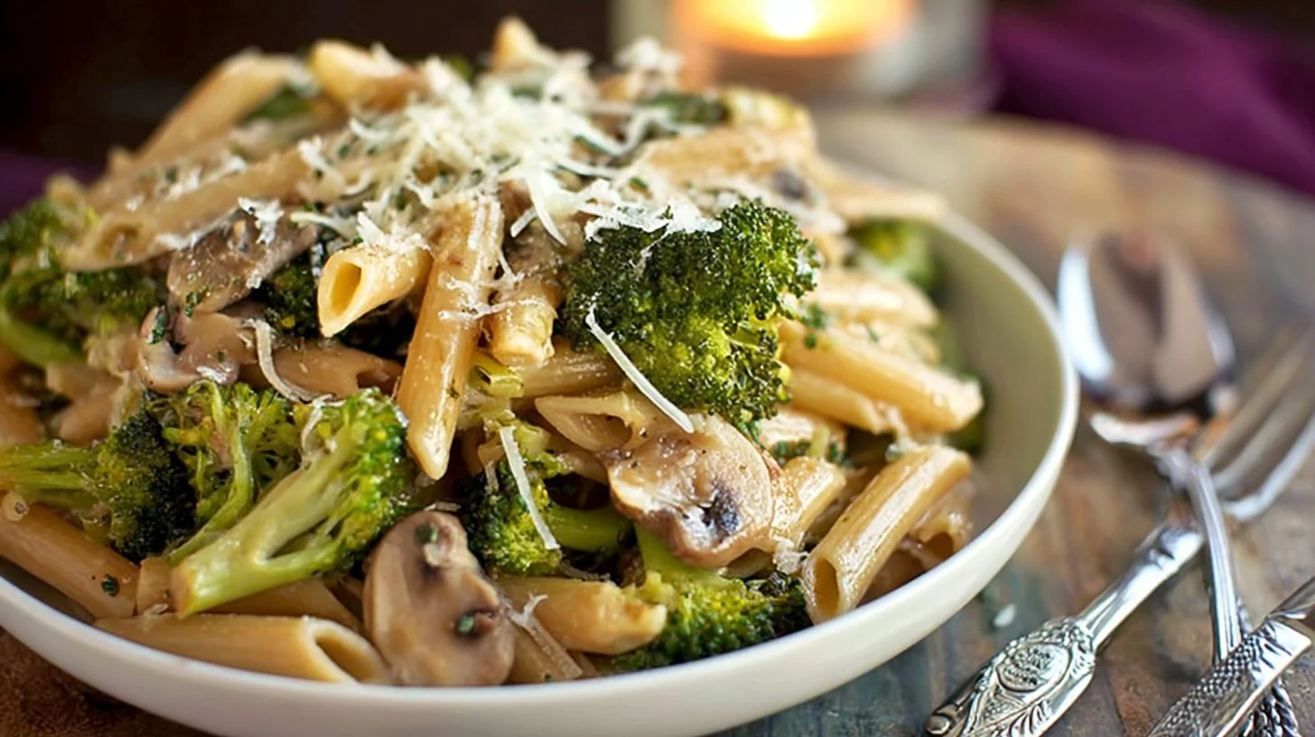 Rustic Garlic Butter Pasta With Roasted Broccoli And Sautéed Mushrooms